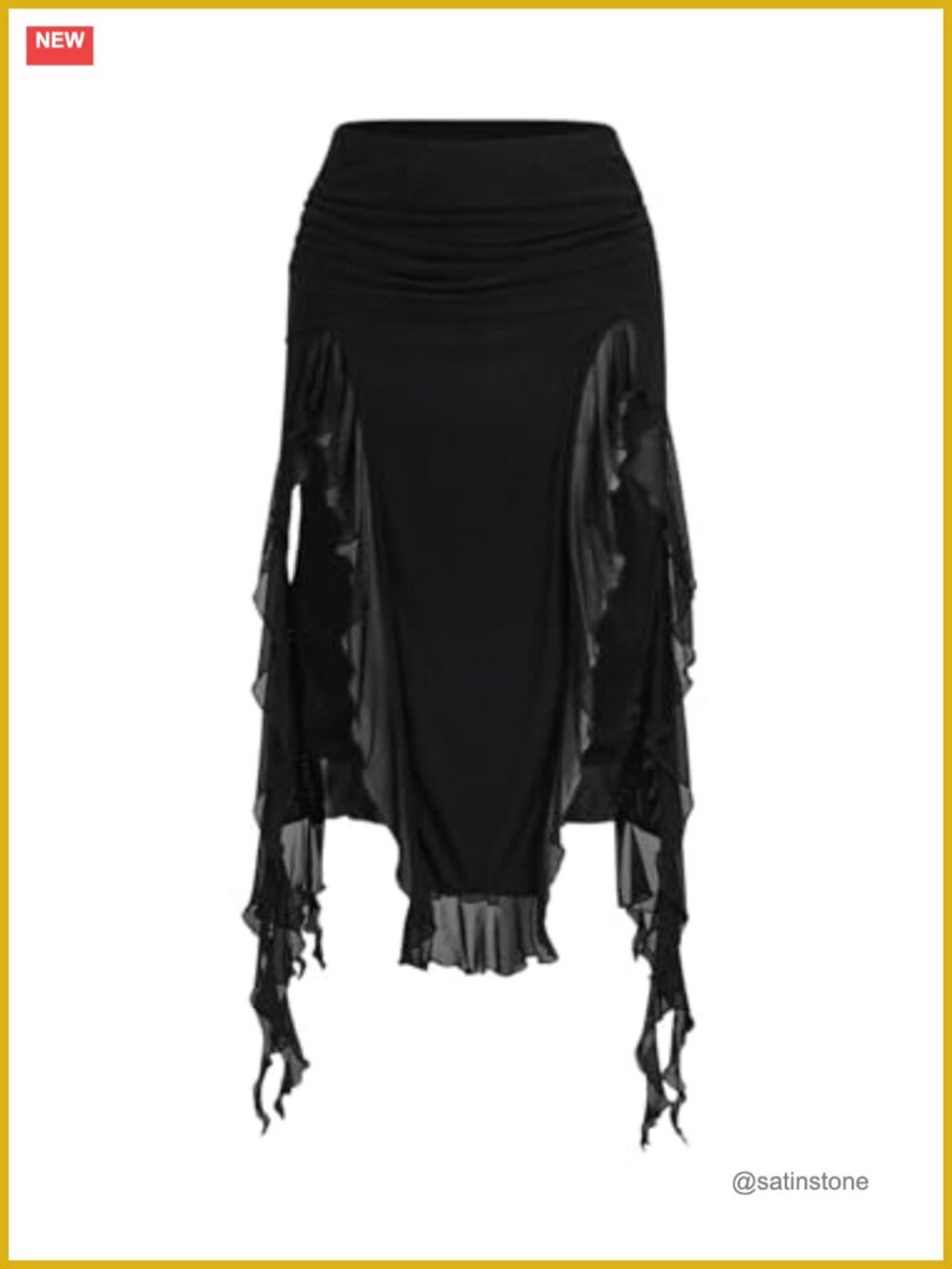 Women's Ruched Midi Skirt Asymmetrical Ruffle Hem Goth Night Out Elastic Waist